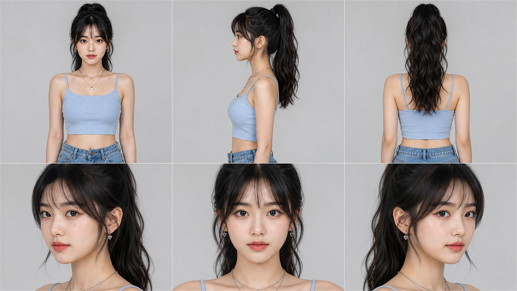 Six consistent views of one AI influencer character